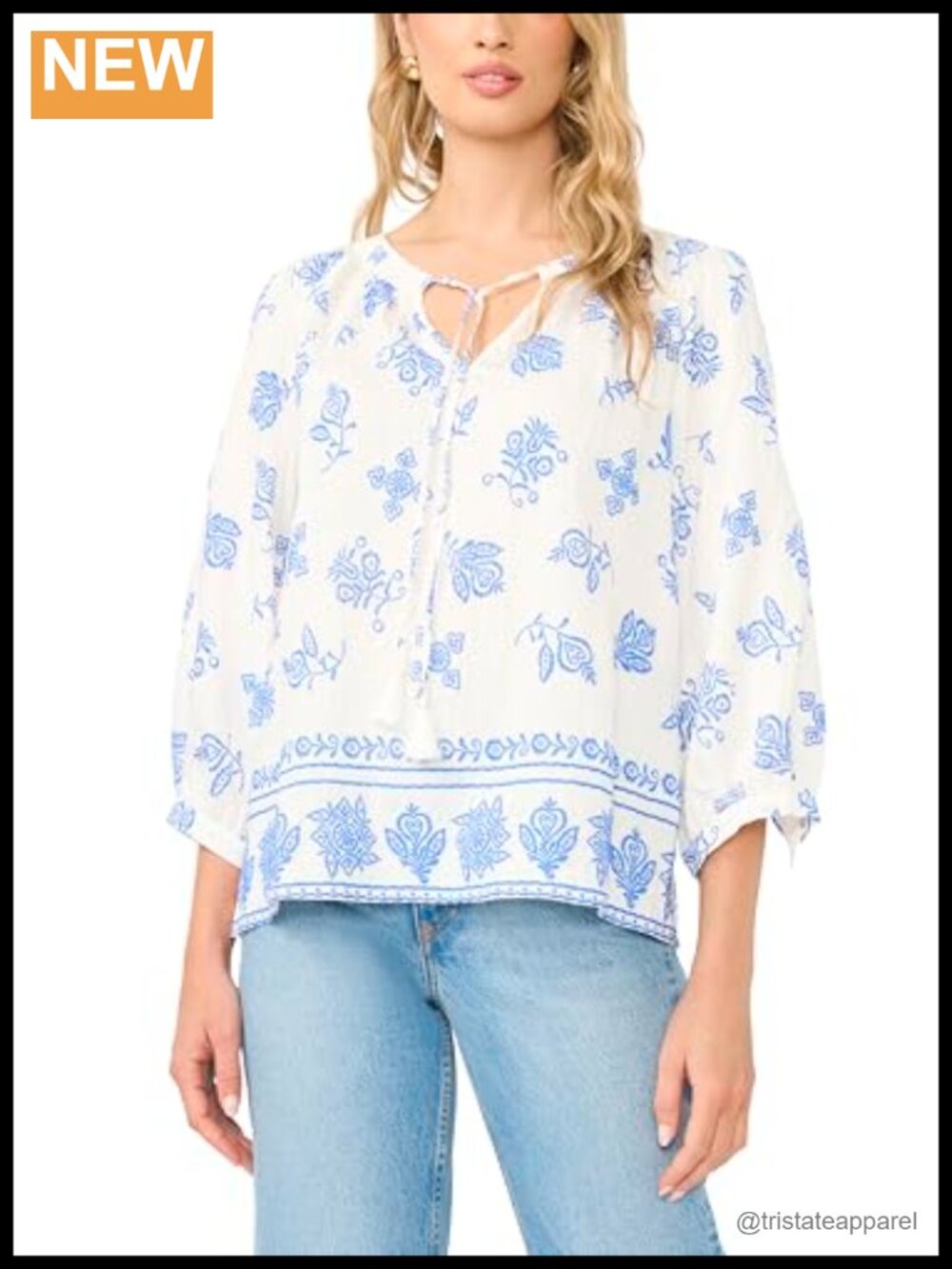 Tie Neck Peasant Sleeve Blouse, Floral, Rayon Blend, Relaxed Fit